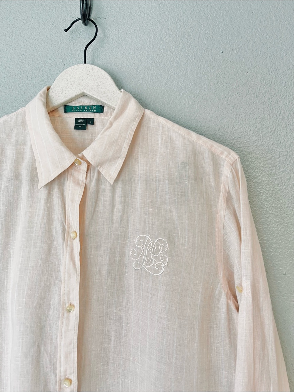 Lauren Ralph Lauren Vintage Striped 100% Linen Pink Monogramed Shirt size large